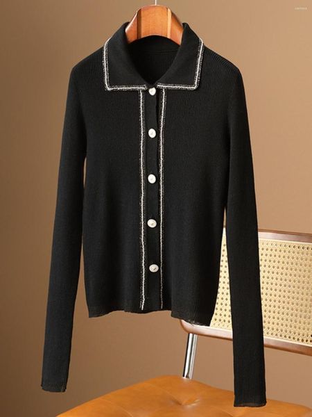 Damenpullover im literarischen und künstlerischen Stil, schwarzer Wollstrick, Herbst-Damen-Rüschenrand-Shirt, schmale Passform, vielseitiger Strickjackenmantel