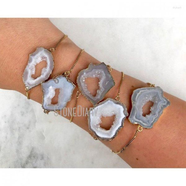 Link-Armbänder BM31403 Slice-Armband Boho Chic Graue Geode-Platte, verstellbare vergoldete Box-Kette, freie Form, minimalistischer böhmischer Druzy