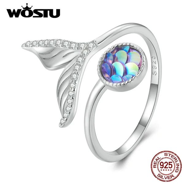 Anello solitario WOSTU Argento sterling 925 Estate Arcobaleno Sirena Squame di pesce Anelli aperti per donna Pieno di coda di zircone Regolabile R429 231007