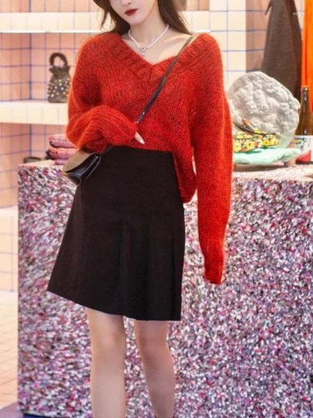 Damenpullover Damen-Pullover mit rotem Buchstaben, bestickt, V-Ausschnitt, Mischstrickpullover