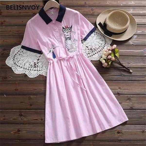 Offre spéciale japonaise Mori fille femmes robes rayé chat broderie chemise robe à manches courtes élégant mignon Kawaii robes 210520251V