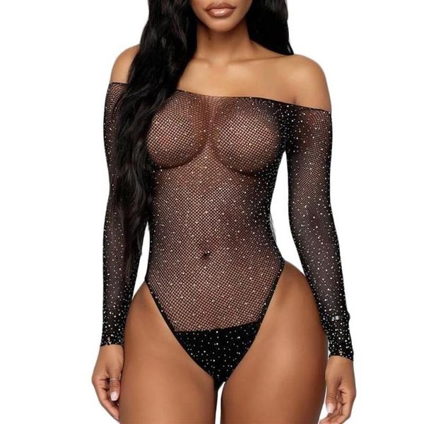 Indumenti da notte da donna Unfine Tuta sexy Lingerie Donna Pizzo nero a rete con strass Body Off- Shouder283r