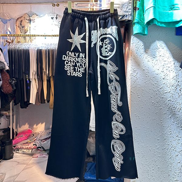 24SS Sweatpants Calças Flare Tamanho Eur Homens Mulheres Hip Hop Pintado Patchwork Unissex Corredores Cordão Street Wear Calças Fotos Reais 7 Estilos