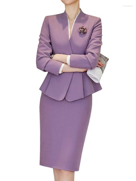 Abito a due pezzi 2023 Abito elegante con gonna formale da donna Set blazer femminile con scollo a V a maniche lunghe nero viola rosa