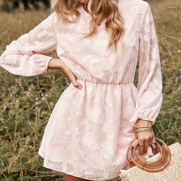 Casual Kleider Mode Frauen Frühling und Herbst Langarm Hohe Taille Minikleid Böhmen Stil Rosa Chiffon A-Linie Vestidos