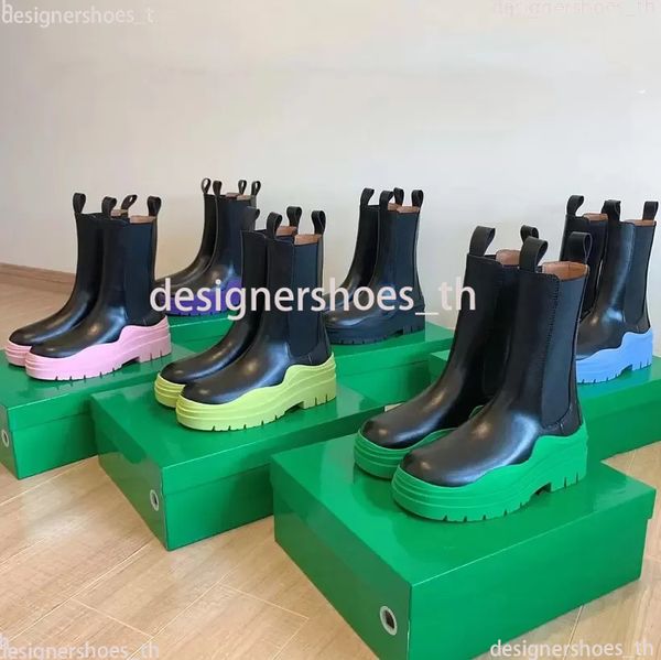 Botas de desenhista Mulheres Botas de Pneu Moda Homens Botas Tornozelo Genuíno Sapatos de Couro Verde Sola Borracha Redondo Triplo Preto Ébano Iniciado 35-45