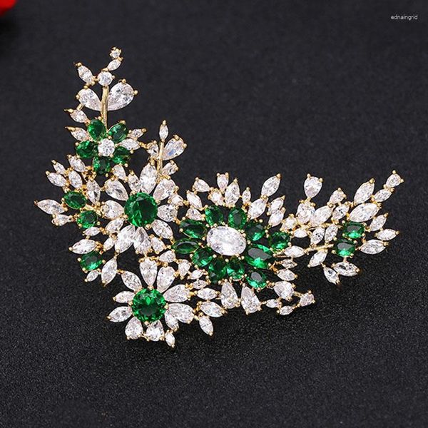 Broches Zlxgirl Verde Cubic Zircon Flor Casamento Broche De Noiva Jóias Presentes de Ano Feminino Cachecol Pins Hijab Acessório