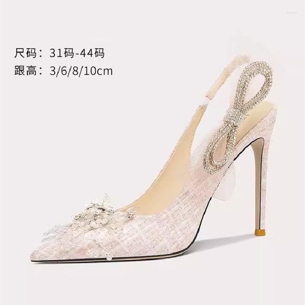 Sapatos de vestido primavera / verão apontou boca rasa strass rosa arco sandálias fino salto alto banquete grande e pequeno mulheres