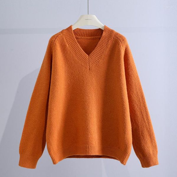 Suéteres femininos vintage sólido malha mulheres camisola pullovers outono laranja com decote em v casual todos os jogos feminino puxa outwear tops