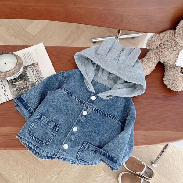 Ceketler Sonbahar Çocuk Kapşonlu Denim Ceket 0-5 Yaşındaki Erkek Erkek Erkek Çocuklar Sıradan Patchwork Coat Koreli Kız Kız Gevşek Kısa Dış Giyim