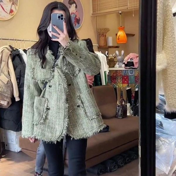 Damen Jacken Jacke Herbst Winter Koreanischer Harajuku Stil Grün Tweed Tops Lose Quaste Mode Retro Y2k Chic Mantel Oberbekleidung Kleidung