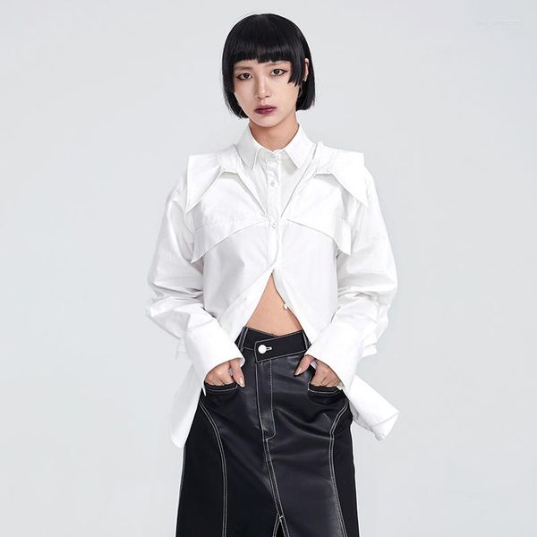 Blusas femininas XS-6XL 2023 outono duplo pescoço branco camisas retro original manga longa blusa homem mulheres roupas minimalista commuting tops
