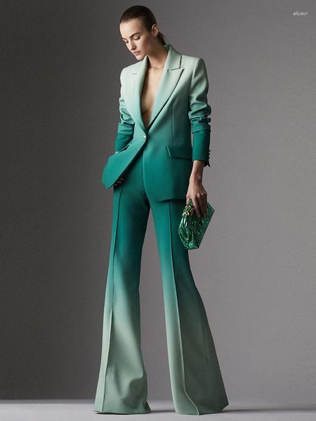 Calças femininas de duas peças gradiente cetim formal sexy magro ajuste conjunto de 2 peças terno sino jaqueta de escritório personalização