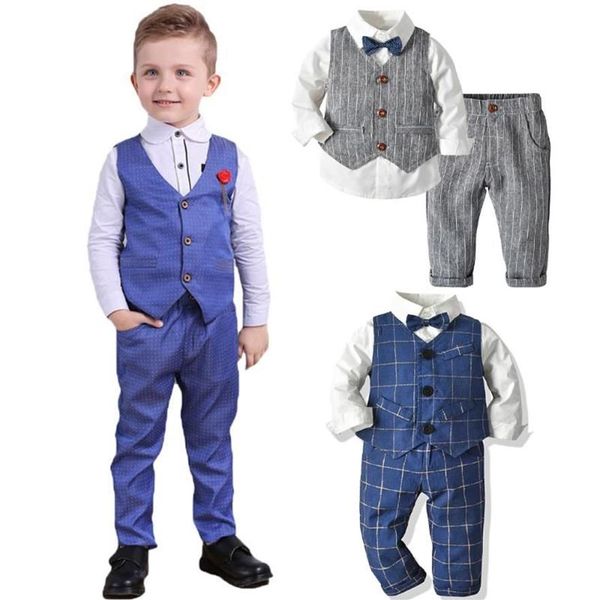 Комплекты одежды весна-осень, костюм джентльмена для маленьких мальчиков, белая рубашка с галстуком-бабочкой, полосатый жилет, брюки, комплект из 3 предметов, официальная детская одежда Set282s