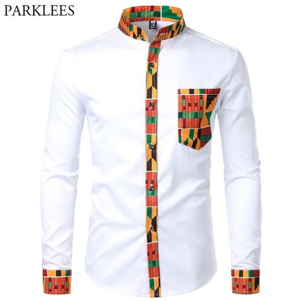 Dashiki Africano Camicia da uomo Patchwork Tasca Africaine Stampa Camicia da uomo Stile Ankara Manica lunga Design Colletto Camicie eleganti da uomo 2013092