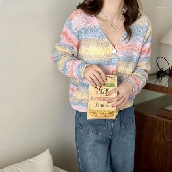 Damenpullover Korejepo Buntes gestreiftes Oberteil Schöner romantischer Strickpullover Strickjacke Dünne Frühherbstoberbekleidung Sanfte Frauen