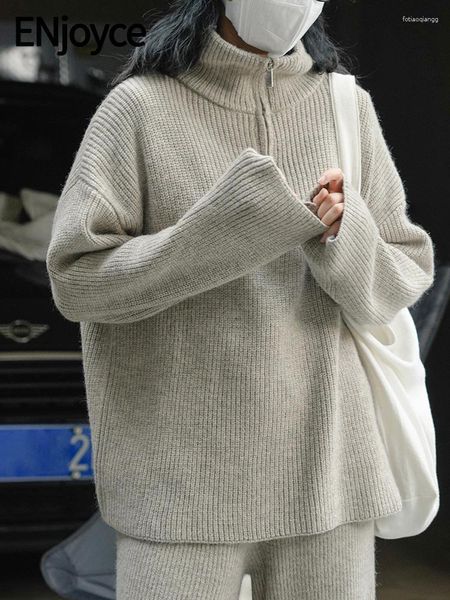 Женские свитера ENjoyce, зимние женские винтажные вязаные пуловеры на молнии с высоким воротом, корейский модный теплый трикотаж, свободные топы