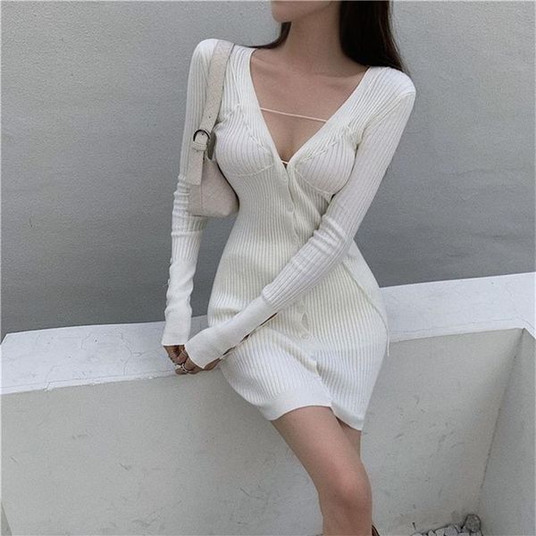 Langarm-Kleid, gerippt, gestrickt, koreanisches Sexy, Mini-Weiß, Damen-Herbst, figurbetontes Kleid, V-Ausschnitt, lila Pullover-Kleid, Damen, Neu 210319240q