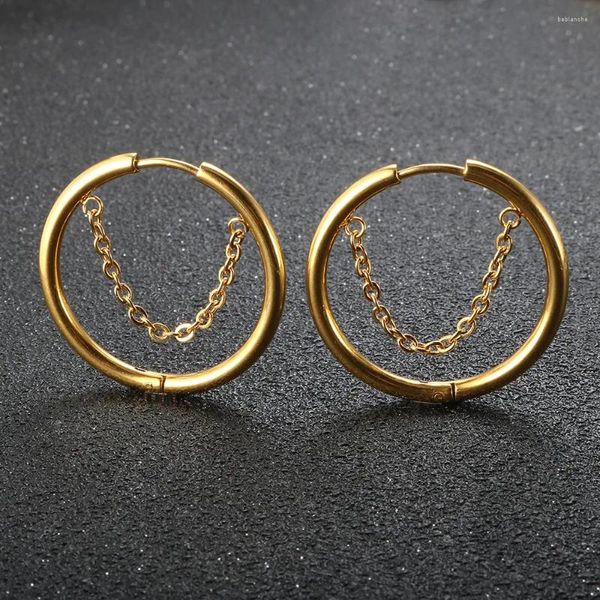 Brincos de parafuso prisioneiro 2 pc/set aço inoxidável pequeno argola para mulheres círculo de ouro grosso anel de orelha piercing borla com corrente jóias