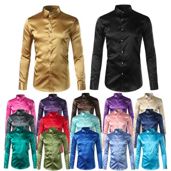 Zijden Shirt Mannen Satijn Gladde Mannen Effen Smoking Shirt Business Chemise Homme Casual Slim Fit Glanzend Gouden Trouwjurk shirts T200801316M