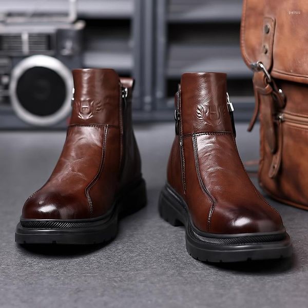 Stiefel WAERTA Männliche Luxus Qualität Zehen Knöchel Herren Reißverschluss Plattform Motorrad Echtes Leder Kurze Mode Streetwear