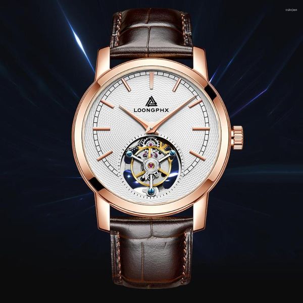 Relógios de pulso Luxo Tourbillon Relógio Homens Mão Vento Mecânico Negócio 42mm Top Marca 28800VPH Movimento Relógios 2023 Loongphx