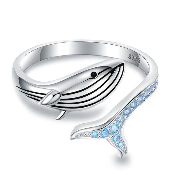 Anello solitario in argento sterling 925 con balena regolabile per dito Simpatici animali marini Pesce aperto Compleanno Gioielli di Natale Regalo per donne Ragazze adolescenti 231007