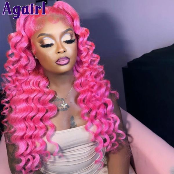 Rosa rosa onda profunda peruca frontal do laço hd 360 simulação dianteira do laço completo perucas de cabelo humano brasileiro 613 mel loira/cinza/azul cosplay peruca fechamento do laço