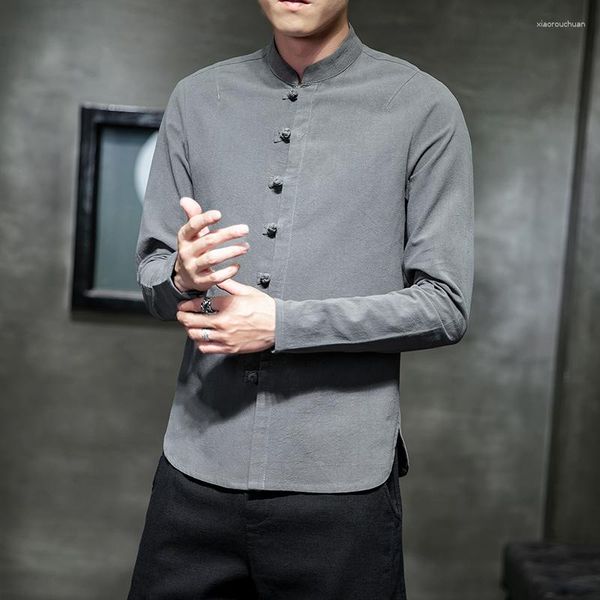 Camisas casuais masculinas moda cor sólida gola camisa solta tamanho grande estilo chinês tendência juventude negócios profissional topo