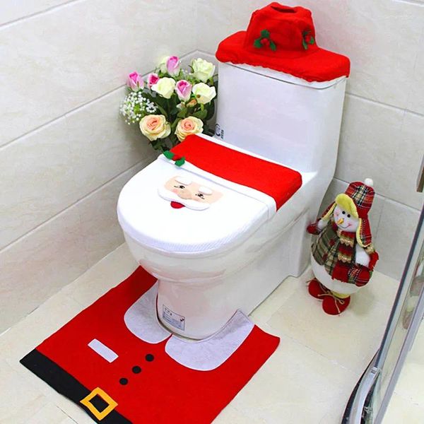 Coprisedili WC 3 pezzi Copriwater natalizio Tappeto Simpatico cartone animato Babbo Natale Pupazzo di neve Alce Elfo Decorazioni Forniture per il bagno di casa