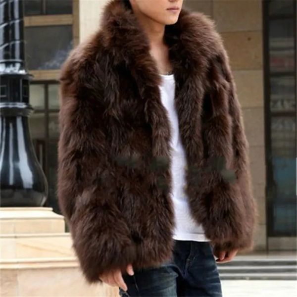 Мужская кожаная искусственная кожа Мужская искусственная шуба Корейская мода Тонкая одежда Зимнее коричневое пушистое теплое пальто размера плюс Xxxl 4xl Повседневная мужская верхняя термокуртка 231007