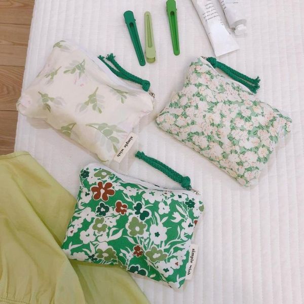 Sacos cosméticos saco floral verde para mulheres pequenos guardanapos sanitários maquiagem batom algodão moeda bolsa bolso