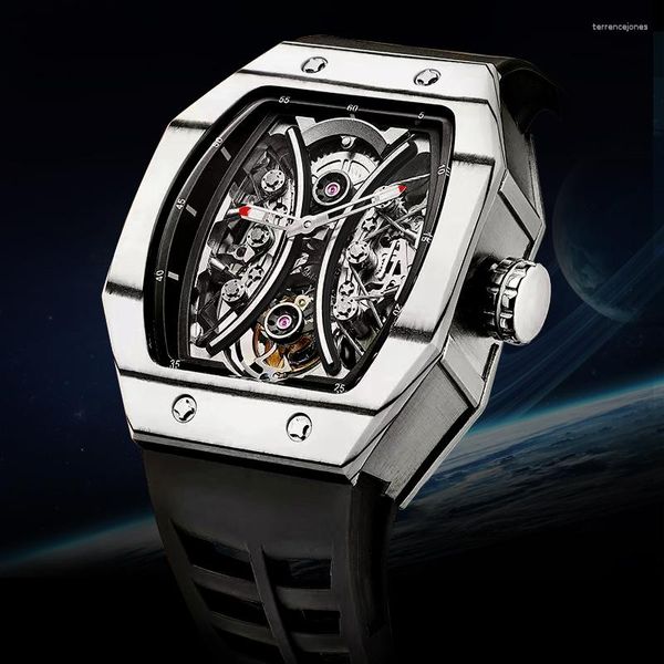 Orologi da polso Esopo Real Men Full Skeleton Tourbillon Orologi Fibra di carbonio Botte di vino Elastico Piloti Meccanico luminoso