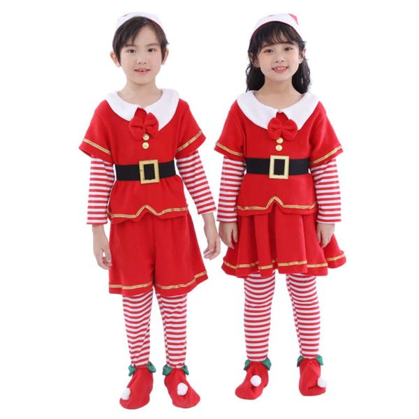 Abbigliamento per bambini di Natale Bambini Cosplay Costume da Babbo Natale Elfo di Natale Uniforme Cappello a cilindro Copriscarpe Vestito per bambini Cosplay per adulti