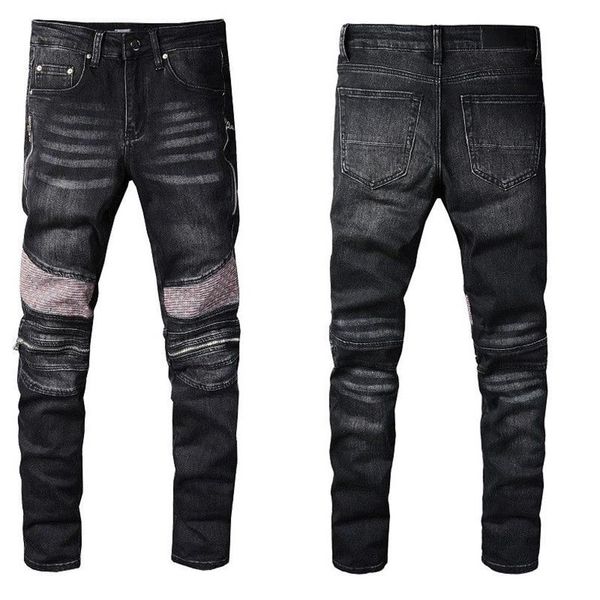 Мужские джинсы скинни высшего качества, рваные джинсы, мотоциклетные байкерские нашивки, модные джинсовые брюки в стиле хип-хоп с известным принтом309I