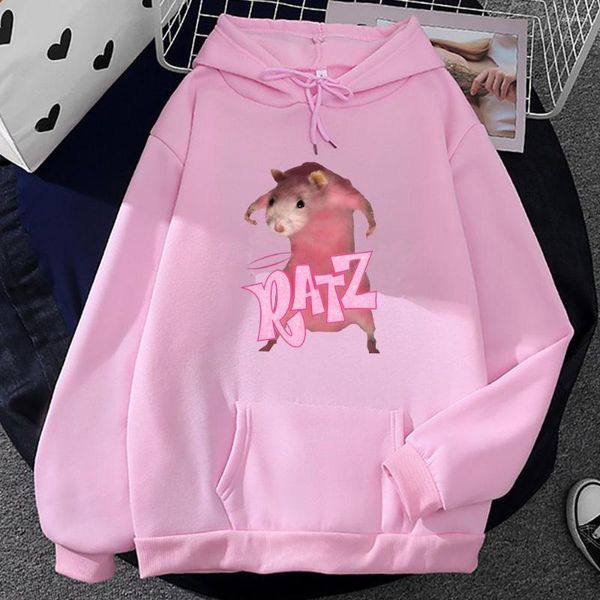 Hoodies masculinos ratz rosa mouse impressão kawaii dos desenhos animados moletom com capuz streetwear masculino outono/inverno velo pullovers bolso masculino com capuz
