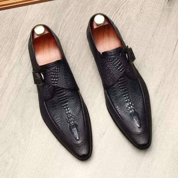 Sapatos de vestido Dupla Fivela Homem Casual Genuíno Couro Crocodilo Padrão Masculino Preto Oxford Sapato Casamento Mocassins Homens Formais