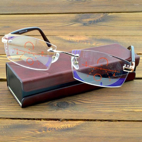 Sonnenbrille Luxus Titanlegierung Randlose Brille 12-lagige Beschichtung Cutted Progressive Multifokallinse Lesebrille 0,75 bis 4