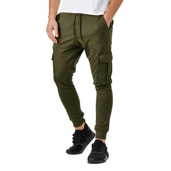 Pantaloni da uomo Solid Sport Lace Up Casual Multi-Tasche Leggings Vita elasticizzata Piedi raggruppati Pantaloni sportivi da jogging Maschile