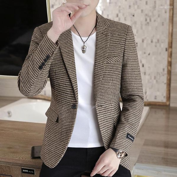 Ternos masculinos 2024 marca homens blazer personalidade selvagem terno jaqueta de alta qualidade moda xadrez impressão fino ajuste casaco quente masculino S-3XL