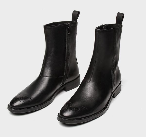 Botas masculinas de couro genuíno luxo artesanal qualidade homem outono sapatos de escritório moda confortável botas de tornozelo preto com zíper