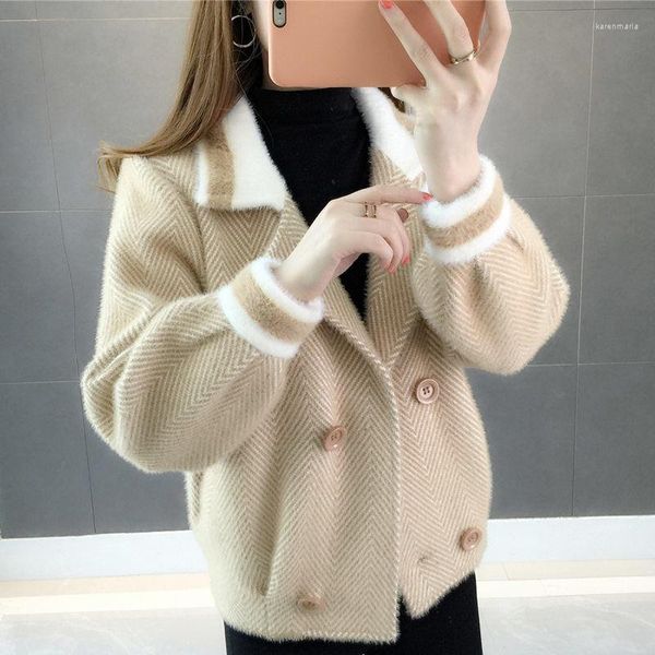 Jaquetas femininas 2023 primavera outono vison como cashmere casaco curto fino suéter pequeno cardigan engrossado solto grosso