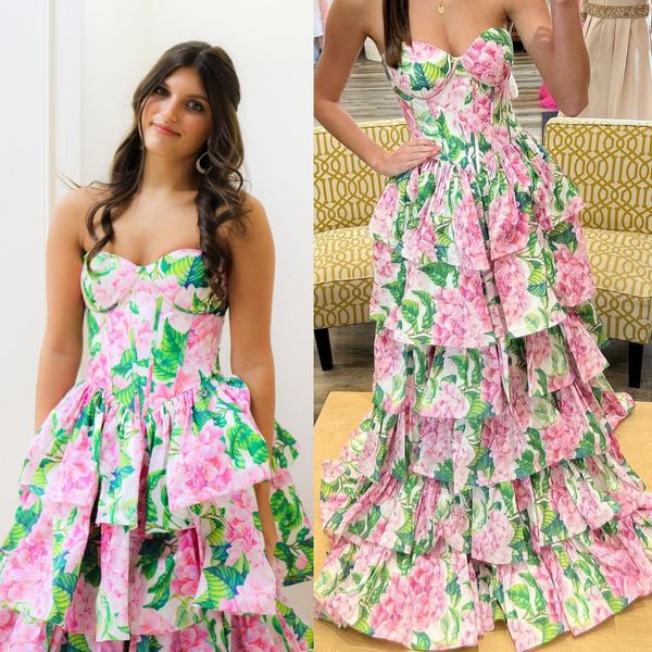 Baskı Çiçek Saten Prom Elbise 2K24 Katmanlı Ruffles Ballgown Lady Preteen Kız Pageant Kış Resmi Parti Düğün Konuk Kırmızı Capet Pist Hoco Siyah Tie