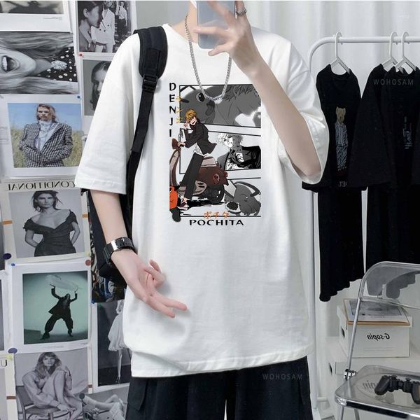 Hoodies masculinos anime motosserra homem camiseta goth moda pochita denji impressão topos feminino manga gráfico streetwear casual algodão tshirt