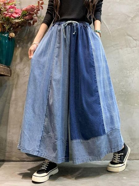 Frauen Jeans 2023 Patchwork Plaid Literarischen Vintage Kordelzug Gerade Übergroßen Denim Breite bein Hosen Frau Herbst Streetwear Baggy