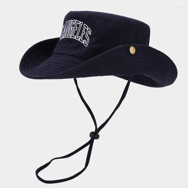 Berets estilo americano grande borda bordada fita à prova de vento corda balde chapéu ocidental denim puro algodão moda rua sol tre