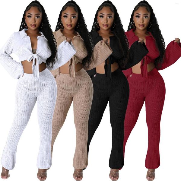 Calças femininas de duas peças de malha oca out slim set mulheres outono sólido manga completa rendas até colheita top elástico cintura alta casual streetwear