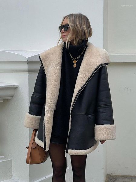Женское кожаное пальто Holifeni, модное теплое меховое пальто, женское зимнее пальто 2023 с длинным рукавом, шикарное бархатное пальто с лацканами, женское уличное черное женское пальто с двигателем