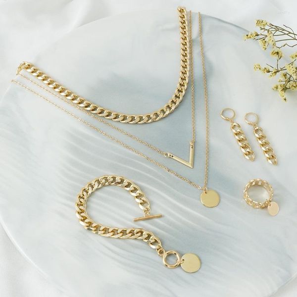 Colar brincos conjunto simples em forma de v redondo pingente criativo anel pulseira jóias para moda feminina acessórios de festa