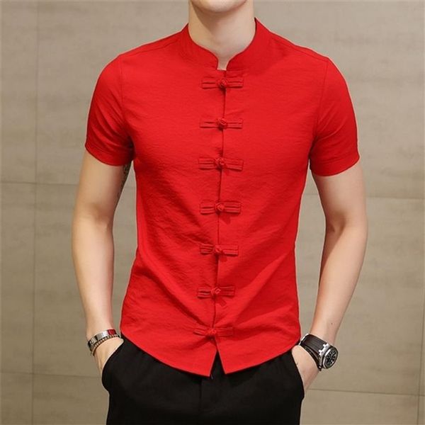 Camisa de colarinho chinês para homens fino ajuste sapo botão camisa camicia uomo coreano moda manga curta verão elegante camisa vermelho preto x0282t